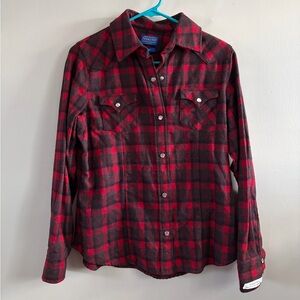 Pendleton Plaid Wool Shirt - Button Up Pearl Snap Fitted Women's Small Red Black